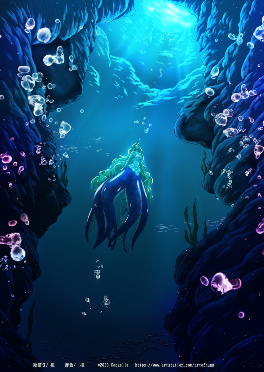 1girl air_bubble artofhuan blonde_hair breasts bubble cleavage dated fantasy highres long_hair midriff monster_girl original scenery school_of_fish scylla solo sunlight underwater very_long_hair web_address