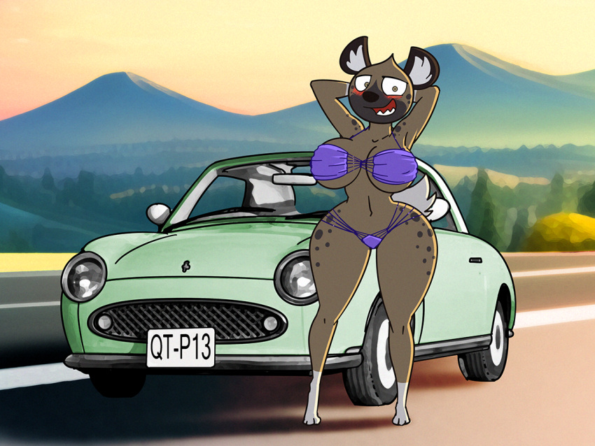 2023 aggressive_retsuko anthro barefoot bashful big_breasts blush bra breasts brown_body brown_fur car clothed clothing crossgender dracojeff feet female fur haida hands_behind_back hyena leg_markings looking_at_viewer mammal markings mtf_crossgender multicolored_body multicolored_fur nissan open_mouth pose purple_bra purple_clothing purple_thong purple_underwear road sanrio socks_(marking) solo spots spotted_body spotted_fur spotted_hyena standing thong two_tone_body two_tone_fur underwear underwear_only vehicle white_body white_fur