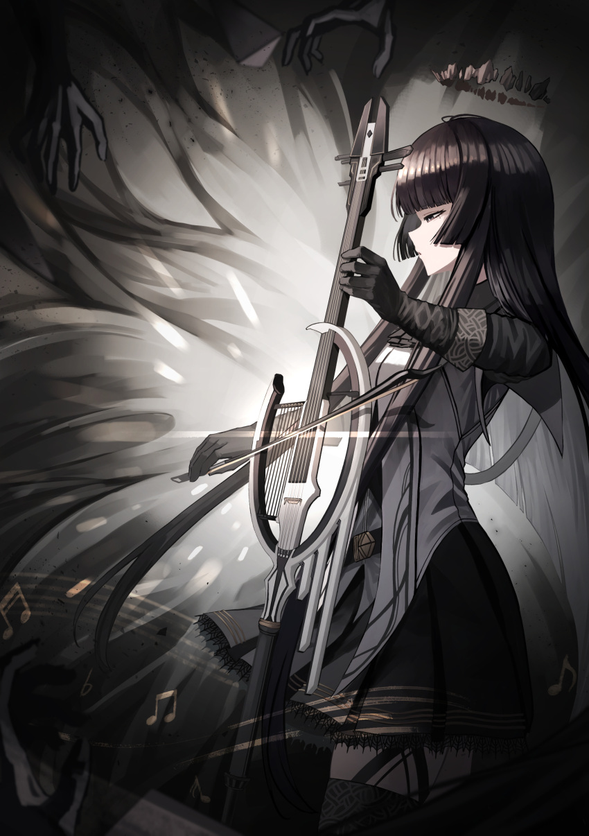 1girl absurdres antenna_hair arknights ascot backlighting belt belt_buckle black_ascot black_belt black_bustier black_eyes black_garter_straps black_gloves black_hair black_halo black_skirt black_thighhighs blunt_bangs bow_(music) breasts bright_pupils broken_halo buckle bustier cello colored_inner_hair commentary cowboy_shot dark_halo dress_shirt expressionless floating_hair from_side garter_straps glint gloves grey_hair grey_shirt half-closed_eyes halo hands_up highres hime_cut holding holding_bow_(music) holding_instrument holding_violin instrument kimsuwan2013 long_hair long_sleeves looking_afar looking_ahead miniskirt mole mole_under_eye multicolored_hair music musical_note originium_arts_(arknights) outstretched_hand pale_skin parted_lips playing playing_instrument pleated_skirt profile reaching_towards_another shade shadow shirt short_sleeves sidelocks skirt small_breasts solo staff_(music) standing thighhighs two-tone_hair very_long_hair vignetting violin virtuosa_(arknights) white_pupils wide_sleeves zettai_ryouiki