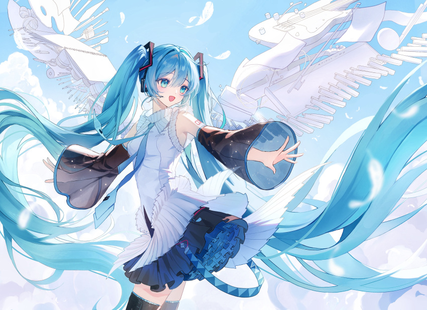 1girl :d absurdres bare_shoulders bass_guitar black_skirt black_thighhighs blue_eyes blue_hair blue_necktie blue_sky blush book bow_(music) breasts cloud day detached_sleeves feathers frilled_skirt frills hatsune_miku highres instrument long_hair long_sleeves looking_back necktie number_tattoo open_book open_mouth osage_(8545675) outdoors paintbrush paper petticoat piano_keys scissors see-through see-through_sleeves shirt shoulder_tattoo skirt sky small_breasts smile solo striped tattoo thighhighs vertical_stripes very_long_hair vocaloid white_shirt wide_sleeves wings yarn yarn_ball zettai_ryouiki