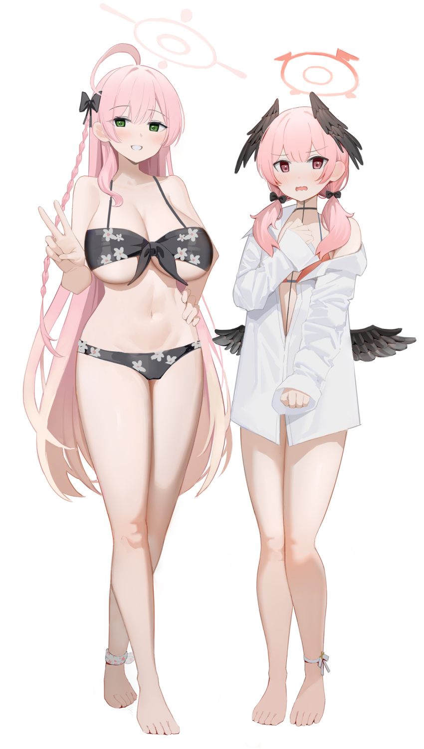 2girls bikini black_bikini black_wings blue_archive breasts cosplay costume_switch floral_print green_eyes halo hanako_(blue_archive) hanako_(blue_archive)_(cosplay) hanako_(swimsuit)_(blue_archive) hand_on_own_hip head_wings highres koharu_(blue_archive) koharu_(blue_archive)_(cosplay) koharu_(swimsuit)_(blue_archive) large_breasts long_hair medium_hair multiple_girls official_alternate_costume pink_hair pink_halo print_bikini red_eyes red_halo shirt standing swimsuit v white_shirt wings yuu_(yuu_ammy)