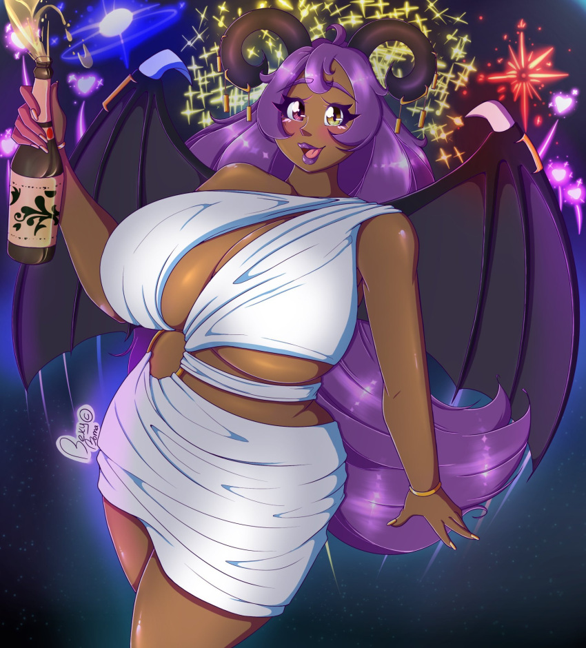 accessory alcohol beverage bexymoma big_breasts blush breasts champagne clothed clothing dark_body dark_skin deathwing_the_timegoat demon digital_media_(artwork) female fireworks furgonomics hair heterochromia hi_res horn horn_accessory horned_humanoid humanoid lipstick long_hair looking_at_viewer makeup membrane_(anatomy) membranous_wings open_mouth purple_hair solo vtuber winged_humanoid wings