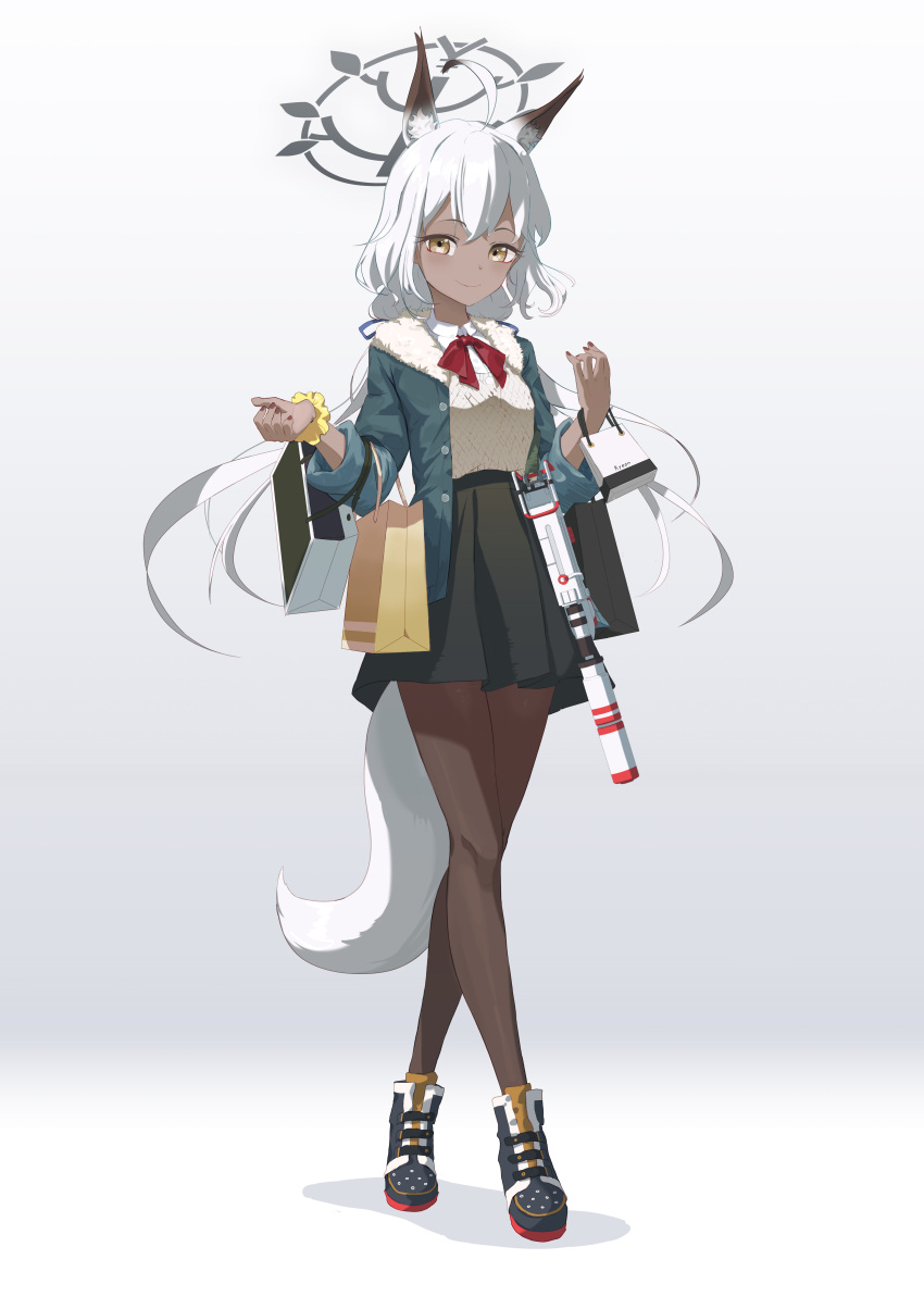 1girl absurdres ahoge animal_ear_fluff animal_ears bag black_pantyhose black_skirt blue_archive blue_jacket bow bowtie brown_eyes brown_nails closed_mouth collared_shirt dark-skinned_female dark_skin dated_commentary fox_ears fox_girl fox_tail full_body fur-trimmed_jacket fur_trim gradient_background grey_background halo hand_up highres jacket light_smile long_hair looking_at_viewer nail_polish object_request original pantyhose red_bow red_bowtie ryeon_(bluetom1) scrunchie shadow shirt shirt_tucked_in shopping_bag skirt solo standing tail white_hair white_shirt wrist_scrunchie yellow_scrunchie yen_sign