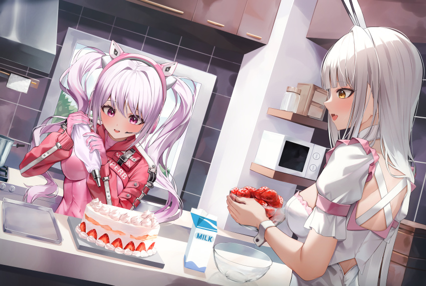 2girls absurdres alice_(nikke) alternate_costume animal_ear_headphones animal_ear_headwear animal_ears back backless_leotard baking_sheet blanc_(nikke) blunt_bangs blush bodysuit bowl breasts cake cleavage commentary cooking_pot cooktop counter dutch_angle fake_animal_ears food fruit gloves goddess_of_victory:_nikke hair_between_eyes headphones headset highres holding holding_bowl impossible_bodysuit impossible_clothes indoors jacket kitchen latex latex_bodysuit leotard long_hair medium_breasts milk multicolored_clothes multicolored_gloves multiple_girls oven parted_lips pastry_bag pink_bodysuit pink_eyes pink_gloves pink_headphones pink_jacket rabbit_ears shirt short_sleeves shrug_(clothing) shuvi_(shuvi1125) sidelocks skin_tight standing stove strapless strapless_leotard strawberry strawberry_cake twintails two-tone_gloves upper_body very_long_hair white_gloves white_hair white_leotard white_shirt wrist_cuffs yellow_eyes