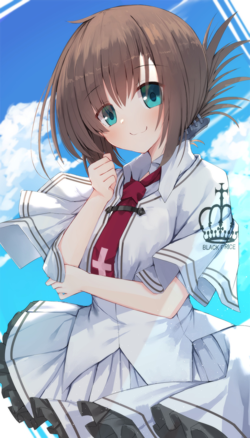 1girl :3 absurdres aqua_eyes arm_under_breasts blue_sky blush brown_hair capelet clenched_hand closed_mouth clothes_writing cloud commentary cowboy_shot cross_print crown_print day eyes_visible_through_hair floating_clothes folded_ponytail frilled_skirt frills hair_between_eyes hand_up highres looking_at_viewer medium_hair miniskirt necktie nodoameyatou outdoors red_necktie school_uniform shirt skirt sky smile solo subarashiki_hibi tachibana_kimika white_capelet white_shirt white_skirt