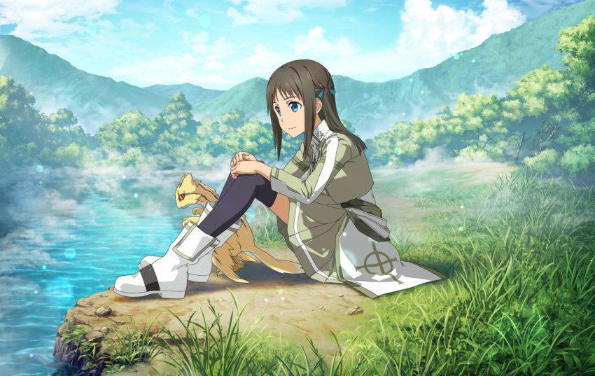 1girl black_thighhighs blue_eyes blue_ribbon brown_hair closed_mouth cloud day from_side full_body green_shirt green_skirt hair_ribbon hands_on_own_knees lens_flare long_hair long_sleeves miniskirt outdoors pleated_skirt ribbon ronye_arabel shirt sitting skirt solo sword_art_online thighhighs white_footwear zettai_ryouiki