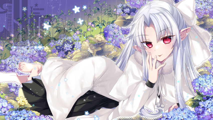 1girl barefoot blue_flower bow capelet commentary_request dress flower full_body fur_trim hair_bow highres hydrangea long_hair looking_at_viewer parted_bangs pointy_ears purple_background red_eyes sidelocks slit_pupils solo star_(symbol) tajima_yoshikazu tongue tongue_out tsukihime white_bow white_capelet white_dress white_hair white_len_(tsukihime)