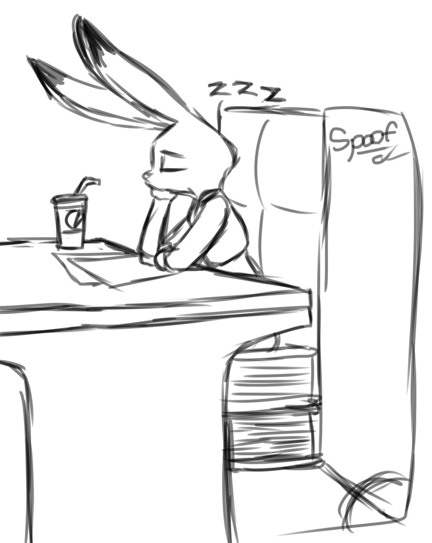 anthro arm_support beverage book disney ears_front eyes_closed female hi_res judy_hopps lagomorph leporid line_art mammal rabbit simple_background sleeping solo spoof_(artist) white_background zootopia