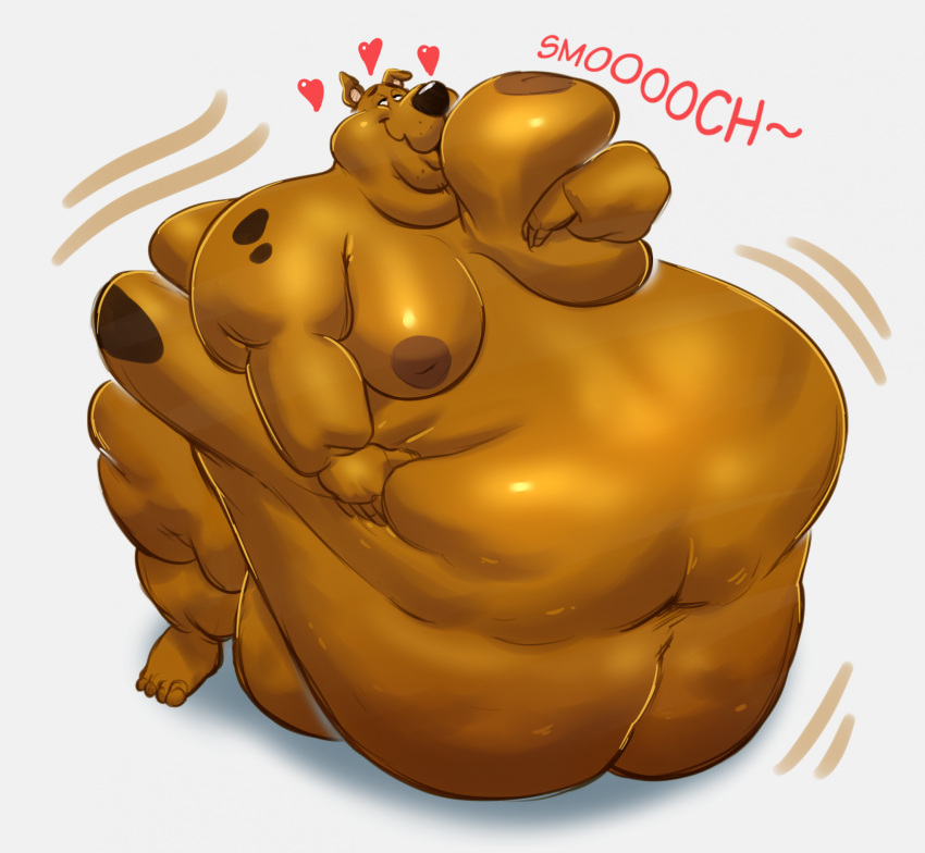 &lt;3 2023 anthro balls belly belly_grab big_balls big_belly big_moobs black_nose bodily_fluids brown_body brown_fur canid canine canis domestic_dog double_chin fur genitals great_dane half-closed_eyes hanna-barbera hi_res holding_belly holding_moob hyper hyper_belly immobile jiggling kissing lotolotl male mammal mastiff molosser moob_grab moobs morbidly_obese morbidly_obese_anthro morbidly_obese_male motion_lines narrowed_eyes navel nipples nude obese obese_anthro obese_male overweight overweight_anthro overweight_male scooby-doo scooby-doo_(series) smile smoosh_(sound_effect) smothering solo sound_effects spots spotted_body spotted_fur standing sweat text