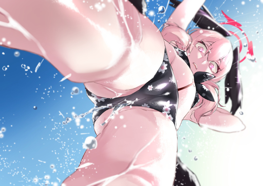 1girl absurdres ass bikini black_bikini blue_archive breasts cameltoe covered_nipples floral_print from_below fukuinu halo head_wings highres koharu_(blue_archive) koharu_(swimsuit)_(blue_archive) long_hair looking_at_viewer official_alternate_costume open_mouth pink_eyes pink_hair small_breasts solo swimsuit teeth twintails water wings