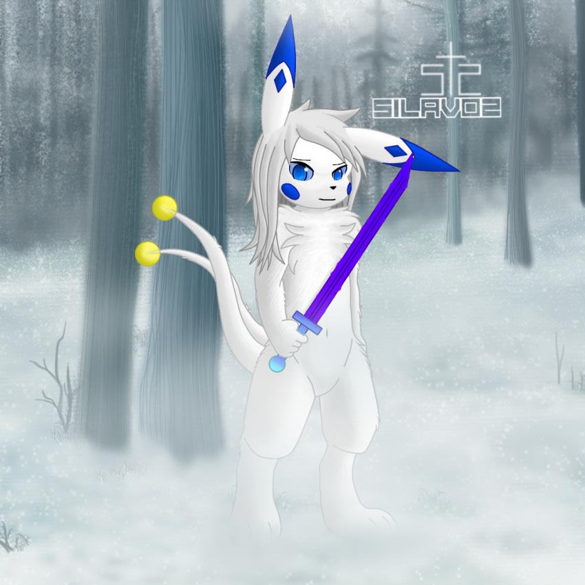 ambiguous_gender anthro blue_cheeks blue_ears blue_eyes fog foggy_background forest forest_background fur grey_hair hair hi_res lagomorph mammal melee_weapon nature nature_background navel plant silavos silavos_snow smile snow solo sword tail tree watermark weapon white_body white_fur