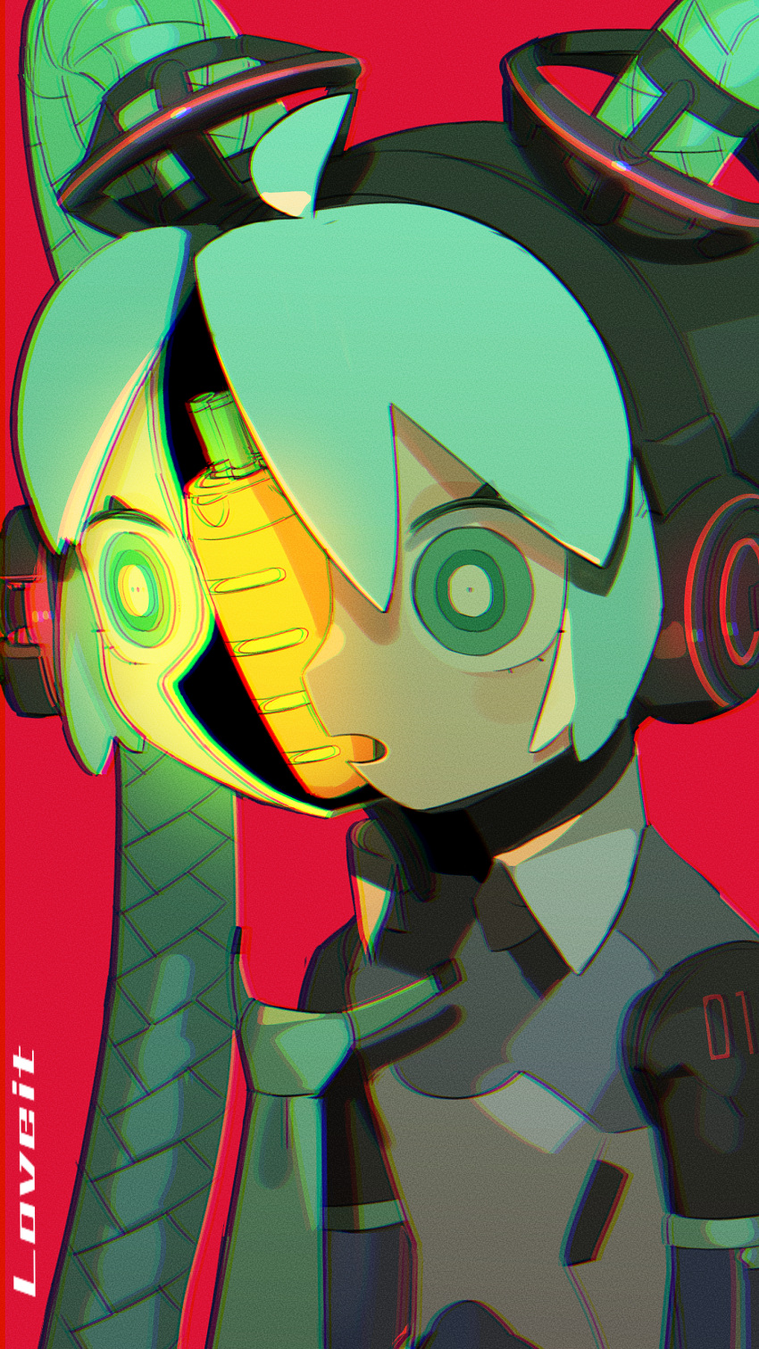 1girl absurdres ahoge android aqua_eyes aqua_hair aqua_necktie cable_hair carrot cheri_zao chromatic_aberration commentary detached_collar detached_sleeves expressionless floating_clothes glowing hatsune_miku highres long_hair looking_ahead loveit_(vocaloid) necktie necktie_removed open_mouth red_background robot_girl simple_background solo song_name split_head twintails upper_body vocaloid wide-eyed