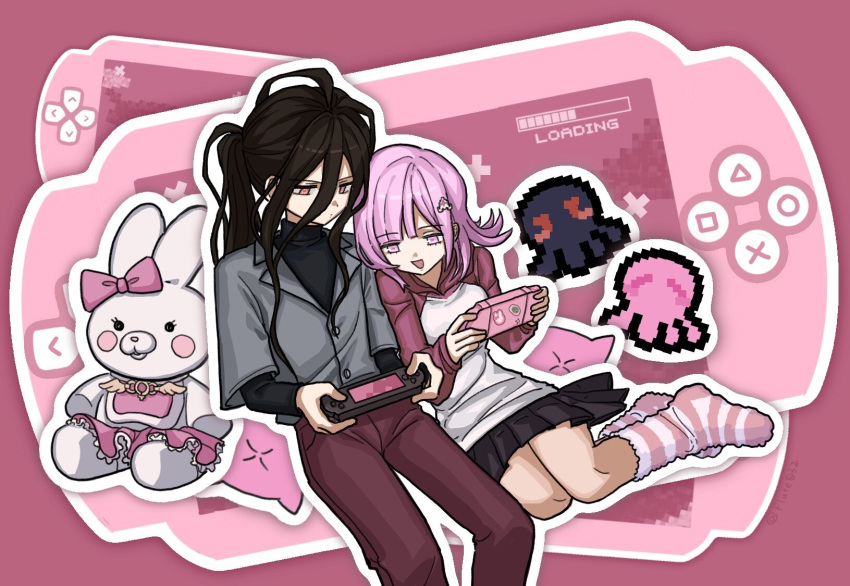 1boy 1girl alternate_costume black_skirt black_sweater bow brown_hair brown_pants danganronpa_(series) danganronpa_2:_goodbye_despair ear_bow fue_(flute032) galaga grey_shirt hair_ornament handheld_game_console highres holding holding_handheld_game_console kamukura_izuru long_hair medium_hair miniskirt nanami_chiaki outline pants pink_hair playing_games pleated_skirt ponytail raglan_sleeves red_shirt shirt sitting skirt socks sweater usami_(danganronpa) white_outline white_shirt