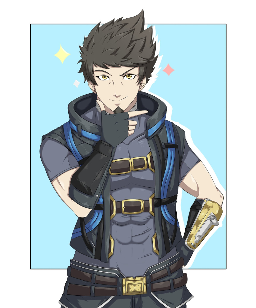 1boy abs aged_up armor bags_under_eyes belt brown_hair ememtrp grey_jacket grey_shirt gun handgun highres jacket male_focus muscular muscular_male pale_skin rex_(xenoblade) shirt smile smug weapon xenoblade_chronicles_(series) xenoblade_chronicles_3 yellow_eyes