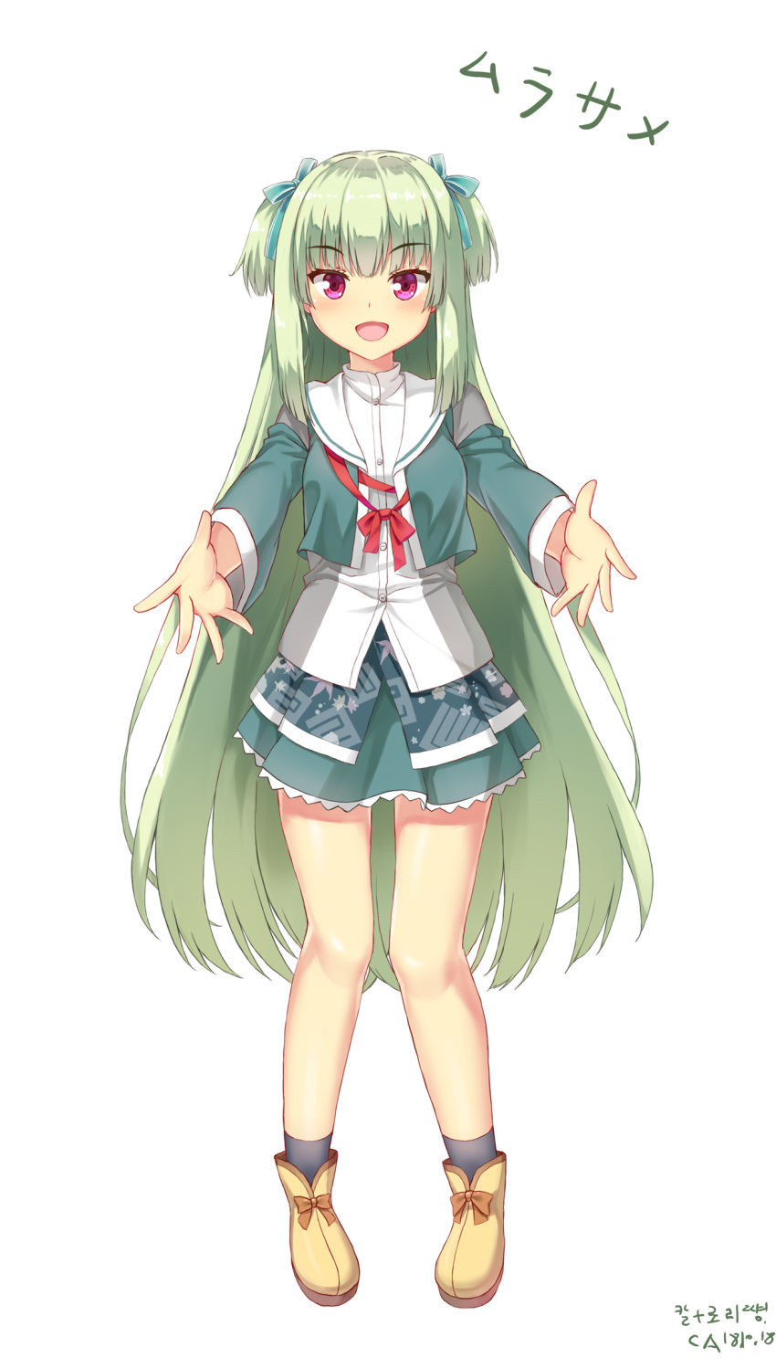 1girl :d blue_ribbon blunt_bangs blunt_ends blush boots character_name commentary_request cropped_jacket eyelashes full_body green_hair green_jacket green_skirt hair_ribbon happy highres hime_cut jacket kemo_(pokka) long_hair long_sleeves looking_at_viewer miniskirt murasame_(senren) official_alternate_costume open_mouth outstretched_arms red_eyes red_ribbon ribbon sailor_collar school_uniform senren_banka sidelocks signature simple_background skirt smile solo standing straight-on straight_hair two_side_up very_long_hair white_background white_sailor_collar yellow_footwear