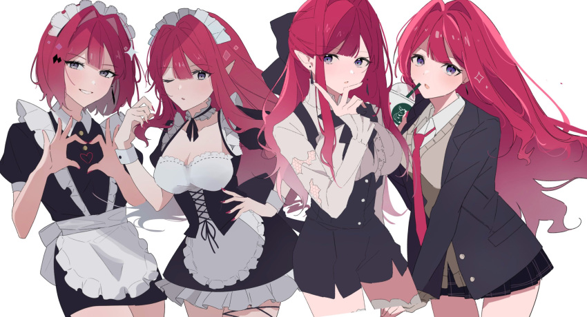 1girl alternate_costume apron baobhan_sith_(fate) black_bow bow breasts cardigan cleavage collared_shirt cup detached_collar disposable_cup dress_shirt drinking_straw earrings enmaided fate/grand_order fate_(series) finger_heart frilled_sleeves frills hand_on_own_hip highres jacket jewelry konikoni1002 large_breasts lid long_hair long_sleeves looking_at_viewer maid maid_apron maid_headdress medium_breasts multiple_views necktie one_eye_closed pointy_ears puffy_short_sleeves puffy_sleeves purple_eyes red_hair red_necktie shirt short_hair short_sleeves sidelocks smile thigh_gap thighhighs thighs white_shirt