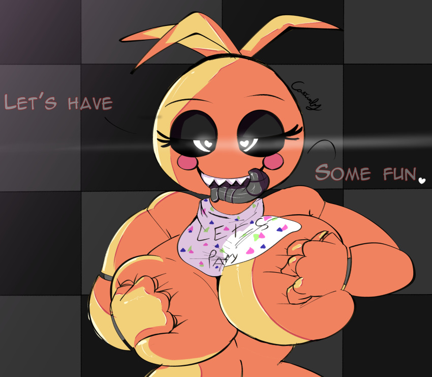 &lt;3 absurd_res anthro avian bib big_breasts bodily_fluids breast_grab breasts castinly dialogue female five_nights_at_freddy's five_nights_at_freddy's_2 hand_on_breast hi_res lustful_eyes machine robot saliva scottgames sharp_teeth solo teeth tongue tongue_out toy_chica_(fnaf)