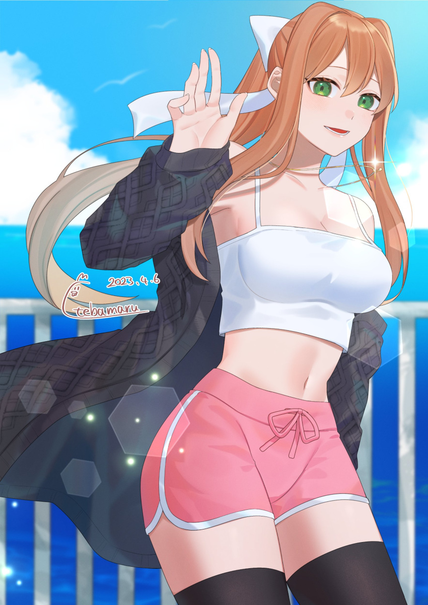 1girl absurdres alternate_costume aran_sweater artist_name bare_shoulders black_sweater black_thighhighs blurry blurry_background breasts brown_hair cable_knit camisole cleavage collarbone commentary commission cowboy_shot crop_top dated day doki_doki_literature_club dolphin_shorts english_commentary fingernails glint green_eyes hair_between_eyes hair_intakes hair_ribbon hand_up highres jewelry lens_flare light_blush long_hair looking_at_viewer lower_teeth_only medium_breasts midriff monika_(doki_doki_literature_club) navel necklace off_shoulder open_clothes open_mouth outdoors pink_shorts ponytail ribbon shorts sidelocks signature simple_bird skeb_commission sleeves_past_wrists smile solo spaghetti_strap sunlight sweater tebamaru teeth thighhighs waving white_camisole white_ribbon