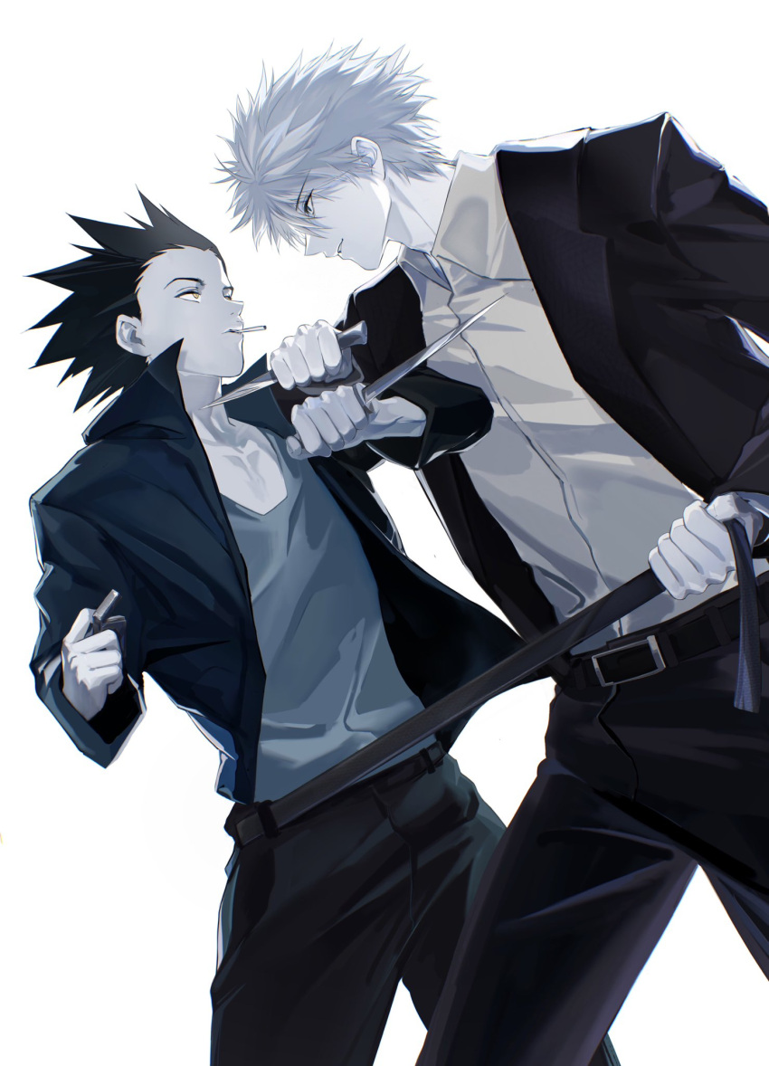 2boys aged_up belt black_hair black_jacket blue_eyes cigarette collared_shirt cowboy_shot dagger gon_freecss green_jacket highres holding holding_dagger holding_knife holding_lighter holding_weapon hunter_x_hunter jacket k.g_(matsumoto_zo) killua_zoldyck knife lighter long_sleeves looking_at_another male_focus multiple_boys open_clothes open_jacket profile shirt short_hair simple_background spiked_hair weapon white_background white_shirt yellow_eyes