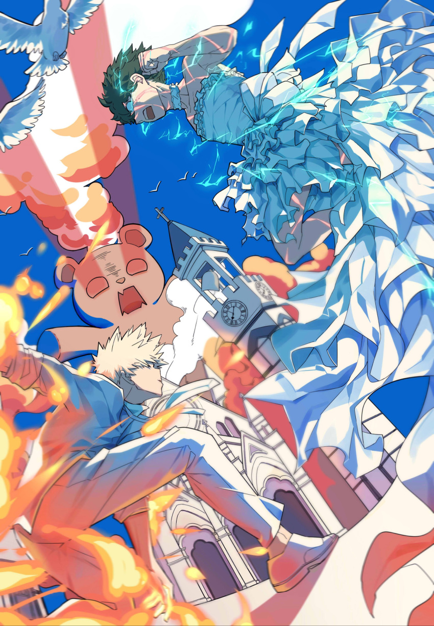 2boys absurdres analog_clock aprilvith bakugou_katsuki bare_arms bare_shoulders battle bell bell_tower bird blank_eyes blonde_hair blue_sky blurry boku_no_hero_academia bow bride chinese_commentary church clenched_hand clock clock_tower cloud collar collarbone colored_smoke cross crossdressing curly_hair day depth_of_field dress dress_bow dress_shoes electricity eye_trail fighting fire floating_hair floating_necktie formal freckles frilled_collar frilled_dress frills from_side full_cowling_(boku_no_hero_academia) giant glowing green_eyes green_hair groom hand_up highres jacket jumping laser layered_dress leaning_forward light_trail looking_at_another male_focus midair midoriya_izuku monster multiple_boys necktie on_one_knee open_mouth outstretched_arm parted_lips pigeon profile pyrokinesis roman_numeral serious shadow short_hair sidelighting sideways_mouth sky sleeves_past_wrists sleeves_rolled_up smoke spiked_hair strapless strapless_dress stuffed_animal stuffed_toy suit teddy_bear teeth torn_clothes torn_dress tower undone_necktie upper_teeth_only wedding wedding_dress white_bird white_bow white_collar white_dress white_footwear white_jacket white_necktie white_suit