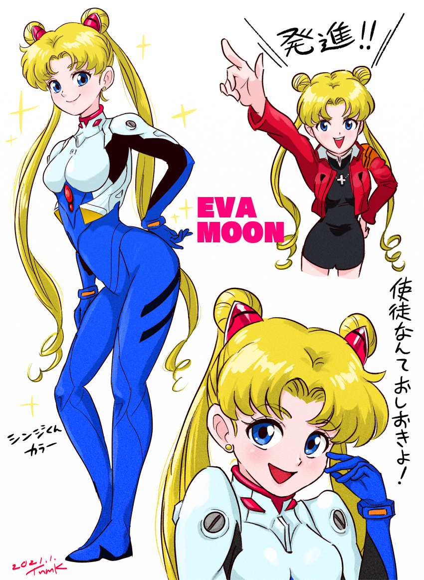 1girl absurdres bishoujo_senshi_sailor_moon black_dress blue_eyes cosplay cross dress greek_cross hairpods highres ikari_shinji ikari_shinji_(cosplay) jacket katsuragi_misato katsuragi_misato_(cosplay) long_hair neon_genesis_evangelion parted_bangs plugsuit red_jacket simple_background translation_request tsukino_usagi tsunemoku twintails very_long_hair white_background