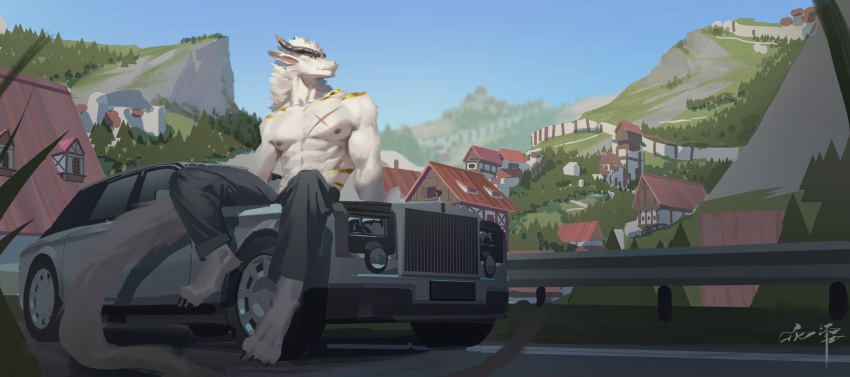 abs absurd_res anthro awaldkize barefoot black_sclera blue_sky bottomwear car chest_scar clear_sky clothed clothing detailed_background feet front_view fur grey_bottomwear grey_clothing grey_pants hi_res male markings muscular muscular_anthro muscular_male nipples outside pants pecs scar sitting sky solo topless vehicle white_body white_fur yellow_eyes yellow_markings