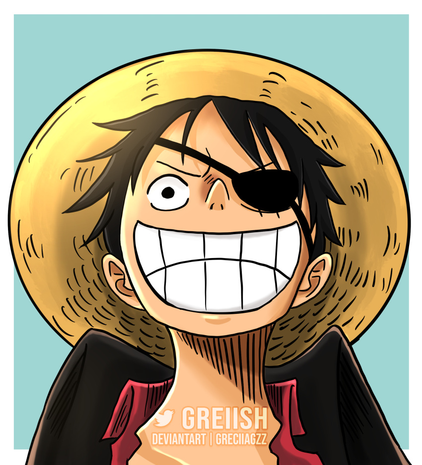 1boy artist_name black_cape black_hair cape drawing eyepatch greciiagzz hat highres monkey_d._luffy one_piece pirate scar scar_on_cheek scar_on_face short_hair smile solo solo_focus straw_hat teeth web_address