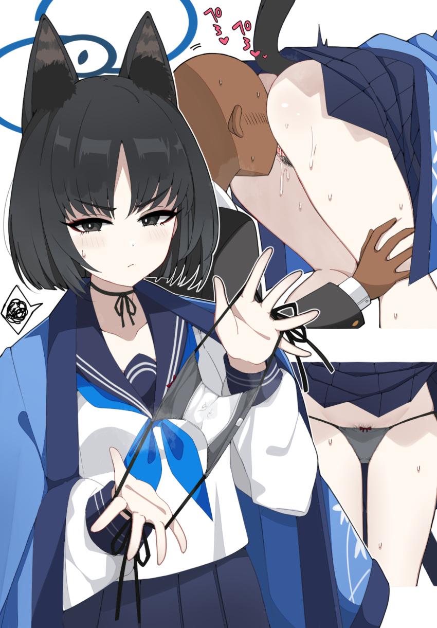 1boy 1girl animal_ears ass black_eyes black_hair black_panties black_sailor_collar blue_archive blue_halo blue_neckerchief cat's_cradle cat_ears cunnilingus faceless faceless_male female_pubic_hair halo haori heart highres japanese_clothes k-y kikyou_(blue_archive) licking long_sleeves multiple_views neckerchief oral panties pubic_hair sailor_collar school_uniform serafuku short_hair simple_background spoken_squiggle squiggle tongue tongue_out underwear white_background