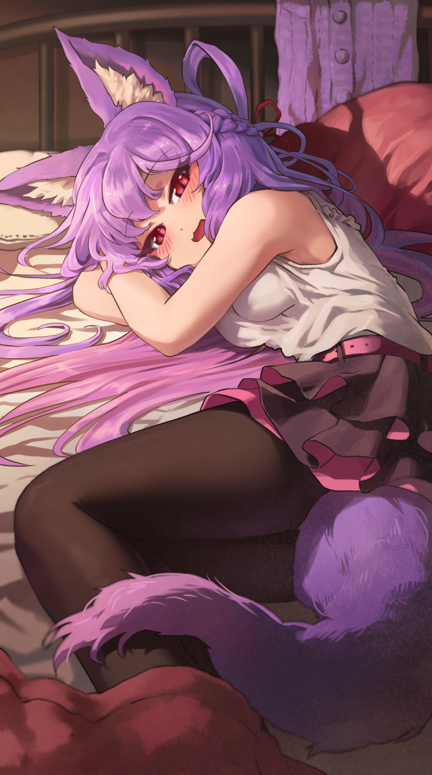 .live 1girl animal_ears black_pantyhose black_skirt blush breasts byuyu commission fox_ears fox_girl fox_tail highres indoors long_hair looking_at_viewer lying medium_breasts melaton on_bed on_side open_mouth pantyhose purple_hair red_eyes skeb_commission skirt smile solo tail virtual_youtuber
