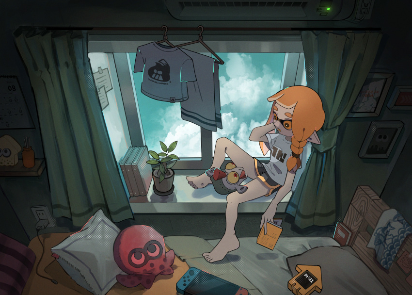 1girl barefoot bed black_shorts blue_sky book braid cable calendar_(object) cellphone charger clothes_hanger cloud colored_sclera commentary_request curtains day electrical_outlet feet flower_pot hair_tie handheld_game_console highres holding holding_book indoors inkling inkling_girl long_hair looking_at_another nintendo_switch octoling okaranko open_mouth orange_eyes orange_hair paper phone picture_frame pillow plant pointy_ears potted_plant print_shirt red_eyes red_hair scenery shelf shirt short_shorts short_sleeves shorts side_braid single_braid sky smallfry_(splatoon) smartphone splatoon_(series) splatoon_3 stuffed_toy t-shirt tentacle_hair thick_eyebrows toes tongue towel vase white_shirt window windowsill yellow_sclera