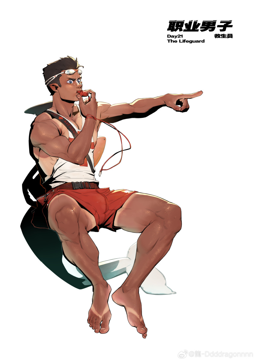 1boy absurdres bara bulge dark-skinned_male dark_skin dragonpie fins fish_boy fish_tail frown full_body goggles goggles_on_head highres invisible_chair large_pectorals lifeguard male_focus male_swimwear mature_male muscular muscular_male original pectoral_cleavage pectorals pointing pointing_forward pointy_ears red_male_swimwear short_hair sitting solo spread_legs swim_trunks tail tan tanlines thick_eyebrows thick_thighs thighs white_background