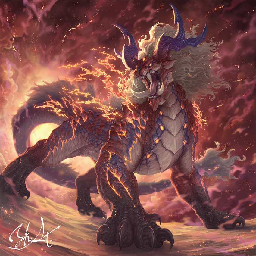 commentary_request creature fang fire highres horns monster no_humans open_mouth original red_scales red_sky satoyuki signature sky very_long_tail