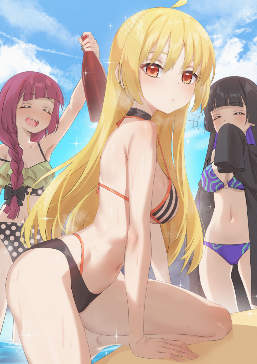 +++ 3girls :d ^_^ ahoge alcohol arched_back arm_support arm_up bare_arms bare_legs bare_shoulders barefoot bikini black_bikini black_bow black_choker black_coat black_hair blonde_hair blue_sky blunt_bangs blush bocchi_the_rock! bottle bow braid braided_ponytail breasts choker cleavage climbing closed_eyes cloud coat colored_inner_hair commentary cowboy_shot day frilled_bikini frills from_side glint hair_between_eyes hair_bow hair_over_shoulder halterneck hand_to_own_mouth highres hiroi_kikuri holding holding_bottle ijichi_seika kangbus leaning_forward long_hair long_sleeves looking_at_viewer looking_to_the_side medium_breasts multi-strapped_bikini multi-strapped_bikini_bottom multicolored_hair multiple_girls navel navel_piercing no_shoes off_shoulder open_clothes open_coat orange_bikini orange_eyes outdoors outstretched_arm pa-san parted_lips piercing polka_dot polka_dot_bikini purple_bikini purple_hair sharp_teeth single_bare_shoulder single_braid sky sleeves_past_fingers sleeves_past_wrists smile sparkle standing stomach strap_gap strap_slip striped striped_bikini swimsuit teeth two-tone_bikini two-tone_hair upper_teeth_only very_long_hair wading water wet