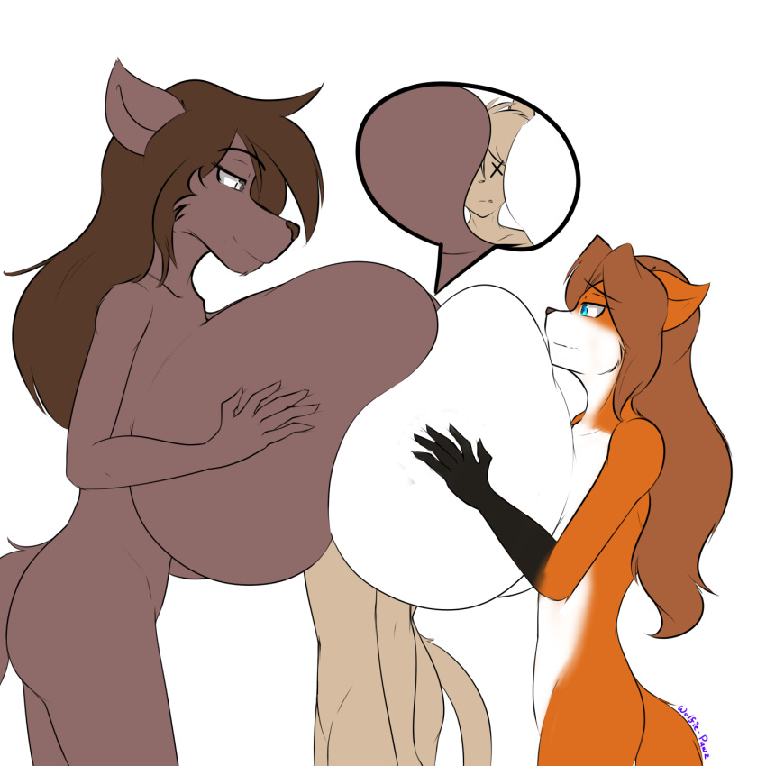 anthro basitin between_breasts big_breasts blue_eyes breast_squish breasts brown_body brown_fur brown_hair canid canine canis female fox fur grey_body grey_eyes grey_fur grey_hair group hair hi_res huge_breasts hyper hyper_breasts keidran laura_(twokinds) male male/female mammal natani orange_body orange_fur squish trio twokinds webcomic white_body white_fur wolf wolfie-pawz x_eyes