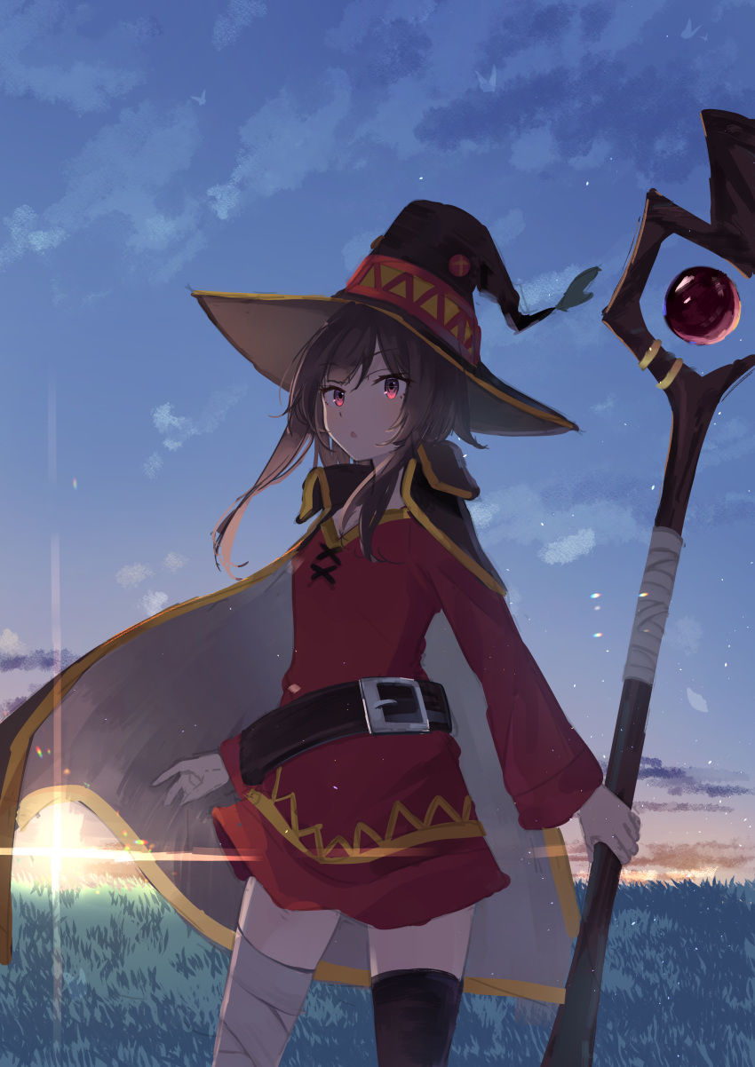 1girl :&lt; absurdres asymmetrical_legwear bandaged_leg bandages belt belt_buckle black_belt black_cape black_headwear black_thighhighs breasts brown_hair buckle cape cloud commentary cowboy_shot dress floating_cape floating_hair gradient_sky grass hat highres hino134 holding holding_staff kono_subarashii_sekai_ni_shukufuku_wo! lens_flare light_particles long_sleeves looking_at_viewer loose_belt megumin orange_sky outdoors parted_lips purple_sky red_dress red_eyes short_dress short_hair short_hair_with_long_locks sidelocks sketch sky small_breasts solo staff standing sun sunrise thighhighs twilight wind wind_lift witch_hat zettai_ryouiki