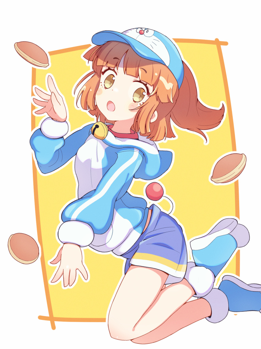 1girl arle_nadja blue_footwear blue_headwear blue_shorts blush_stickers brown_eyes brown_hair character_hat cosplay doraemon doraemon_(character) doraemon_(character)_(cosplay) dorayaki eyelashes floating food highres hood hood_down hooded_sweater jazz_grace long_sleeves looking_at_viewer open_mouth ponytail puyopuyo puyopuyo_quest shorts solo sweater tail wagashi