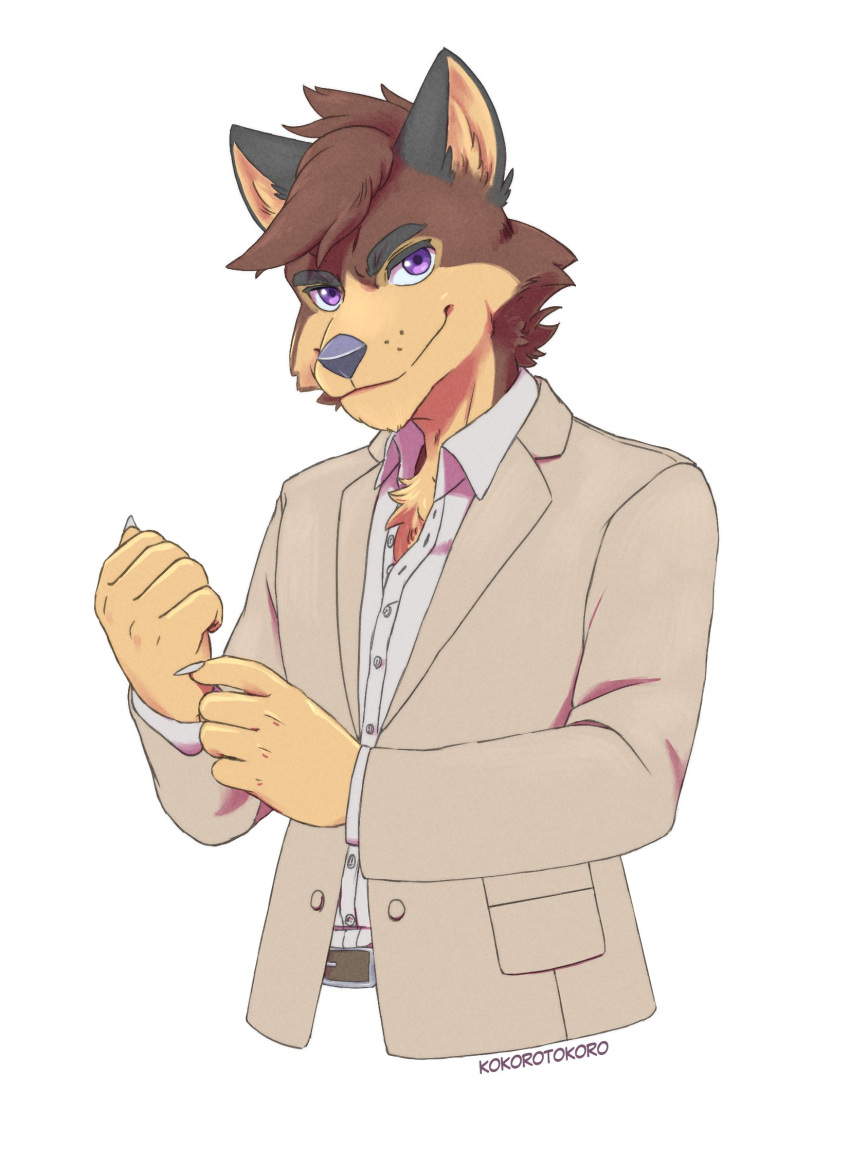 anthro black_ears blazer canid canine clothed clothing dress_shirt eyebrows fox fully_clothed hi_res kokoro-tokoro male mammal multicolored_body purple_eyes shirt smile solo suit topwear