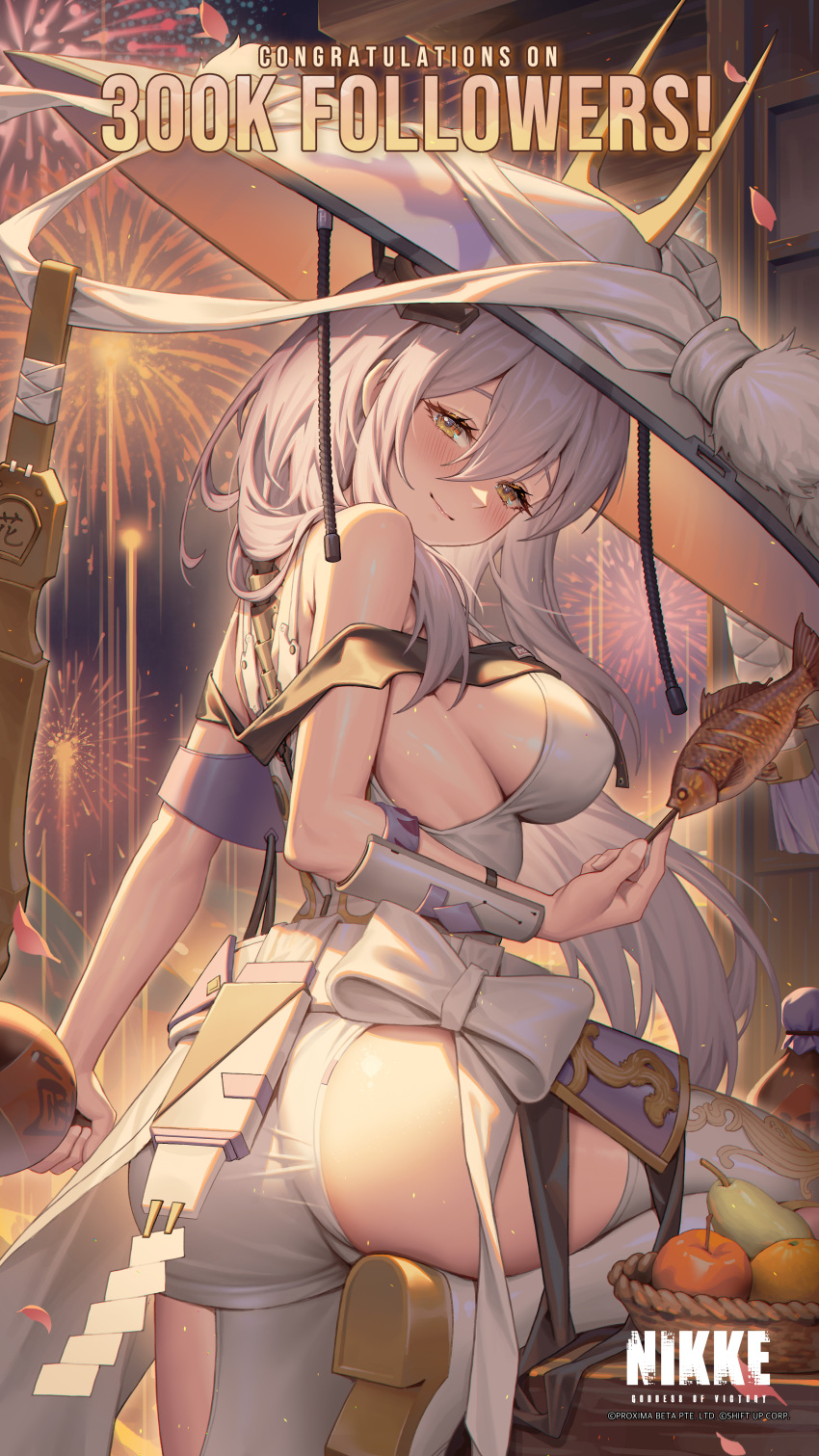 1girl absurdres armor ass bare_shoulders blush breasts closed_mouth fireworks fish goddess_of_victory:_nikke grey_hair hair_between_eyes hat hayate_(leaf98k) highres huge_ass japanese_armor jingasa large_breasts large_hat long_hair looking_at_viewer looking_back milestone_celebration official_art scarlet_(nikke) second-party_source sideboob smile solo yellow_eyes