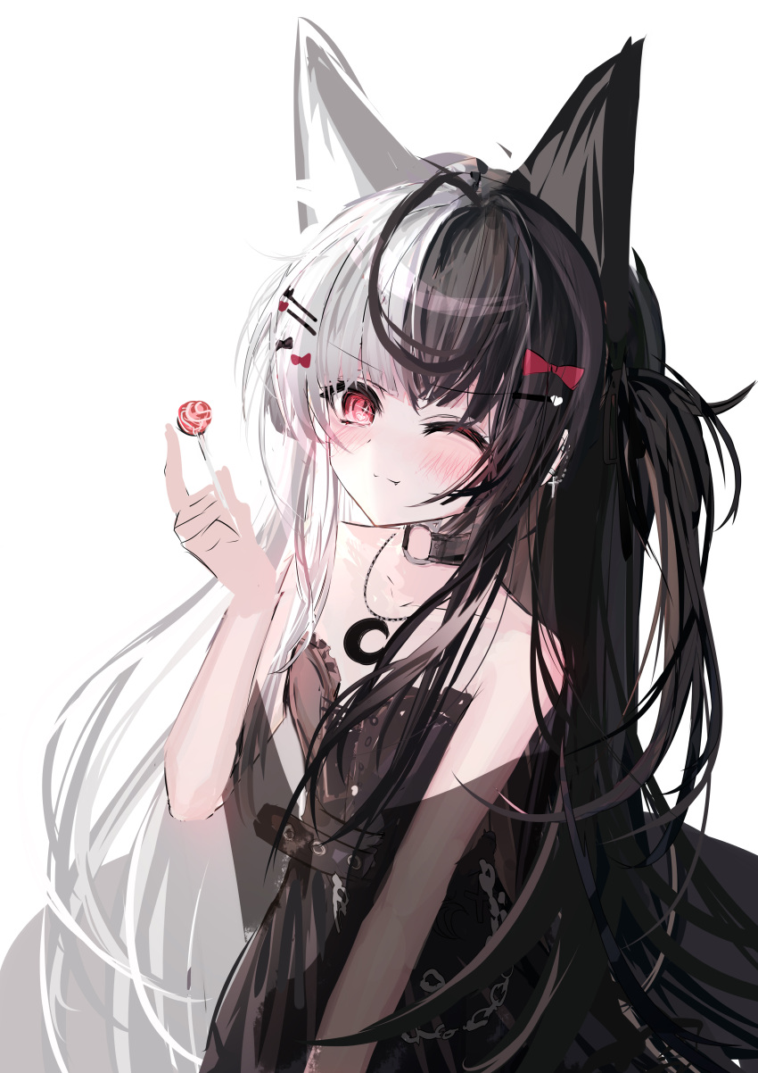 1girl absurdres alice_mana animal_ears bare_arms bare_shoulders black_bow black_choker black_dress black_hair blush bow candy choker closed_mouth crescent dress food fox_ears grey_hair hair_bow hair_ornament hairclip highres holding holding_candy holding_food holding_lollipop indie_virtual_youtuber lollipop long_hair looking_at_viewer multicolored_hair o-ring o-ring_choker one_eye_closed raeee red_bow red_eyes simple_background solo two-tone_hair very_long_hair virtual_youtuber white_background