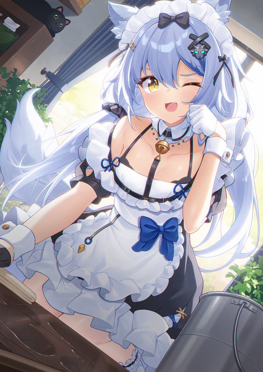 1girl :3 animal_ear_fluff animal_ears apron bare_shoulders bell bikini bikini_under_clothes black_bikini black_bow black_cat blue_bow blue_pupils blue_ribbon bow breasts bucket cat cleaning commentary_request dango_remi detached_collar elza_(vtuber) fang gloves grey_hair hair_bow hair_ornament hand_up highres indie_virtual_youtuber indoors jingle_bell kneeling long_hair looking_at_viewer low_twintails maid maid_apron maid_headdress on_floor one_eye_closed open_mouth paw_pose ribbon short_sleeves small_breasts solo swimsuit tail twintails virtual_youtuber white_gloves white_wrist_cuffs wolf_ears wolf_girl wolf_tail x_hair_ornament yellow_eyes