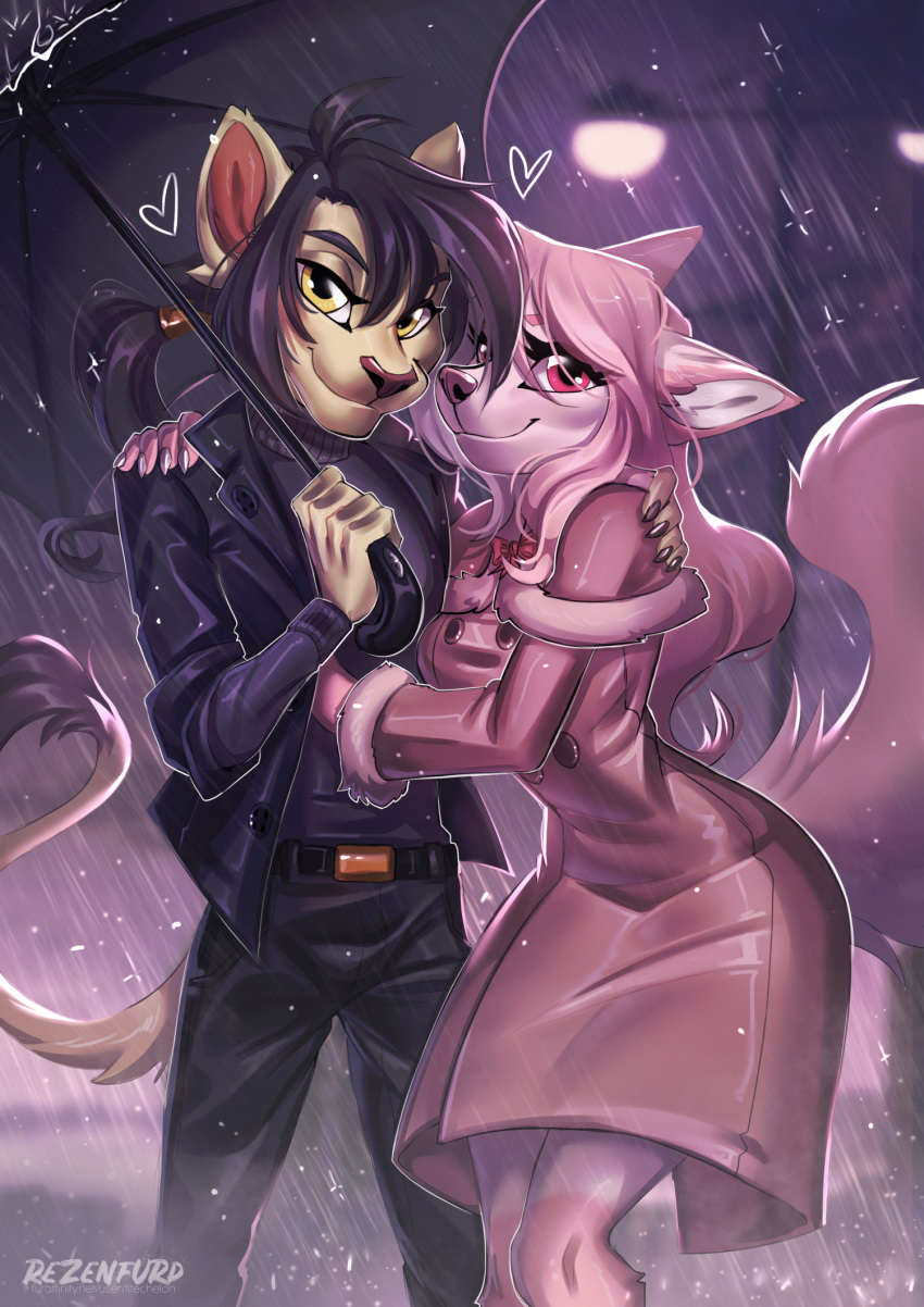 2023 5_fingers anthro breasts clothed clothing detailed_background digital_media_(artwork) duo eyebrows eyelashes felid female fingers hair hi_res lion looking_at_viewer mammal night outside pantherine pink_hair raining smile tltechelon yellow_eyes
