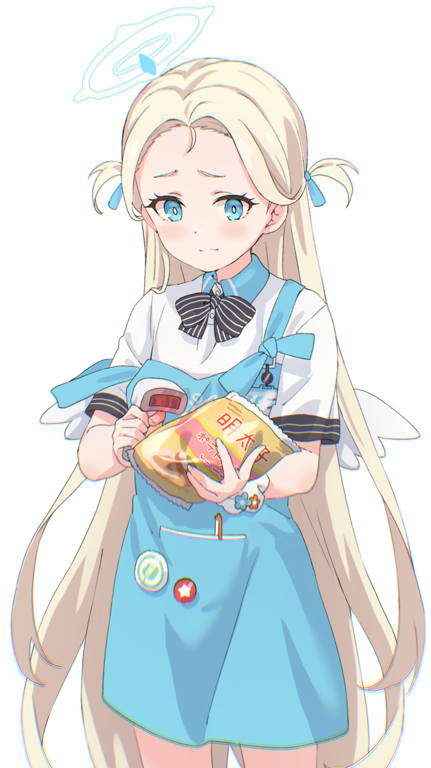 1girl apron bag bag_of_chips barcode_scanner black_bow black_bowtie blonde_hair blue_apron blue_archive blue_eyes blush bow bowtie closed_mouth collared_shirt commentary_request cowboy_shot forehead halo highres holding holding_bag holding_scanner karahai_(31448823) long_hair looking_down mini_wings parted_bangs polo_shirt scrunchie shirt short_sleeves simple_background solo sora_(blue_archive) strap_slip very_long_hair white_background white_shirt white_wings wings wrist_scrunchie