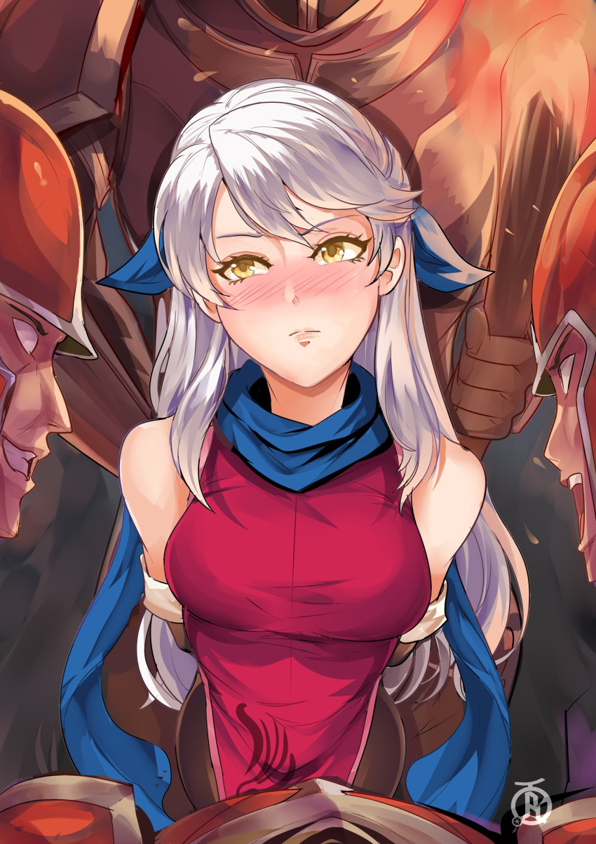 1girl armor bare_shoulders blank_eyes blue_headwear blue_scarf breasts fire_emblem fire_emblem:_radiant_dawn grey_hair highres medium_breasts micaiah_(fire_emblem) multiple_boys revolverwing scarf solo_focus yellow_eyes