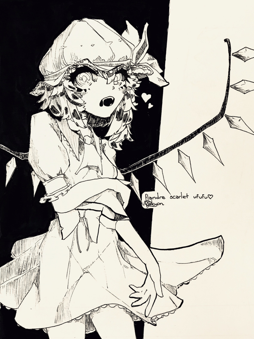 1girl ascot character_name collared_shirt cowboy_shot crystal flandre_scarlet frilled_shirt_collar frilled_skirt frilled_sleeves frills hair_between_eyes harucyon4 hat heart highres looking_at_viewer medium_hair mob_cap monochrome open_mouth puya shirt skirt solo teeth touhou traditional_media vest wings