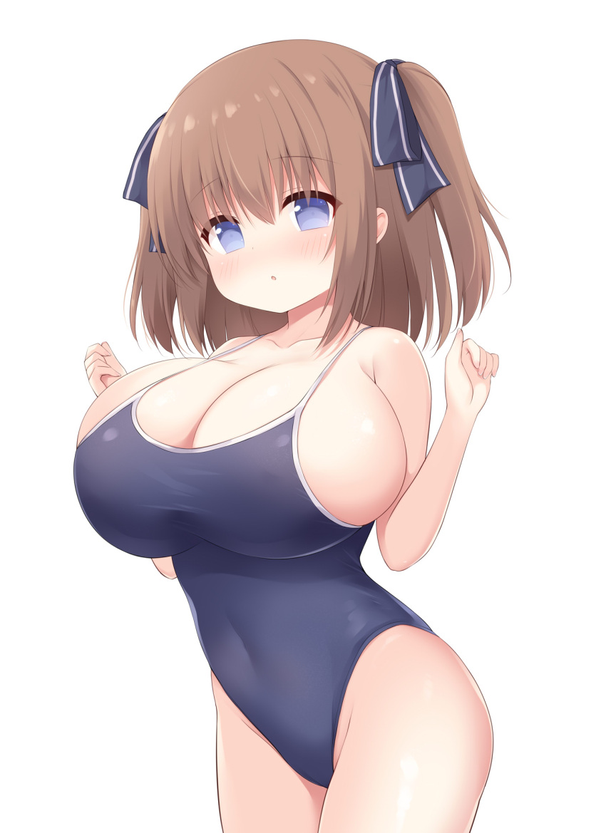 1girl :o bangs bare_arms black_one-piece_swimsuit blue_eyes blush breasts brown_hair cleavage collarbone commentary_request commission covered_navel hair_ornament highres huge_breasts long_hair looking_at_viewer one-piece_swimsuit open_mouth oppai_loli original pixiv_commission school_swimsuit simple_background solo standing swimsuit white_background yuu_(yumezakura)