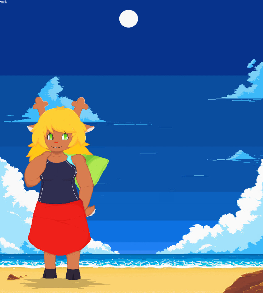 absurd_res ambient anthro antlers blonde_hair breasts capreoline clothed clothing cloud cloudscape deer deltarune detailed_background digital_media_(artwork) female fluffy fluffy_tail fur hair hi_res hooves horn humanoid mammal noelle_holiday outside pachiimochii pixel_(artwork) pyxeledit_(software) reindeer rock sand shore shoreline sky smile solo standing standing_upright summer tail text towel undertale_(series)