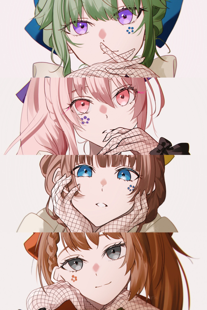 1other 3girls absurdres akiyama_mizuki april_fools black_bow blue_bow blue_eyes bow braid braided_bangs brown_hair closed_mouth fishnet_gloves fishnets gloves green_hair grey_eyes hair_bow hanasato_minori head_tilt highres kusanagi_nene looking_at_viewer mochizuki_honami multiple_girls orange_bow pink_eyes pink_hair project_sekai purple_bow purple_eyes side_ponytail sidelocks simple_background smile upper_body white_background yellow_bow z_(zanki)