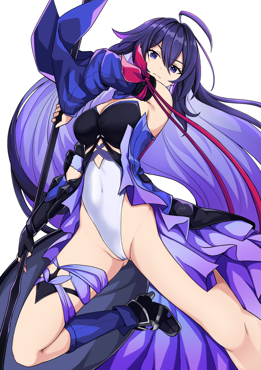 1girl absurdres ahoge aoikito_lavender086 bandana bandana_around_arm breasts cameltoe covered_navel gauntlets hair_between_eyes highres holding holding_scythe honkai:_star_rail honkai_(series) large_breasts leotard long_hair purple_eyes purple_hair red_bandana scythe seele_(honkai:_star_rail) simple_background solo very_long_hair white_background