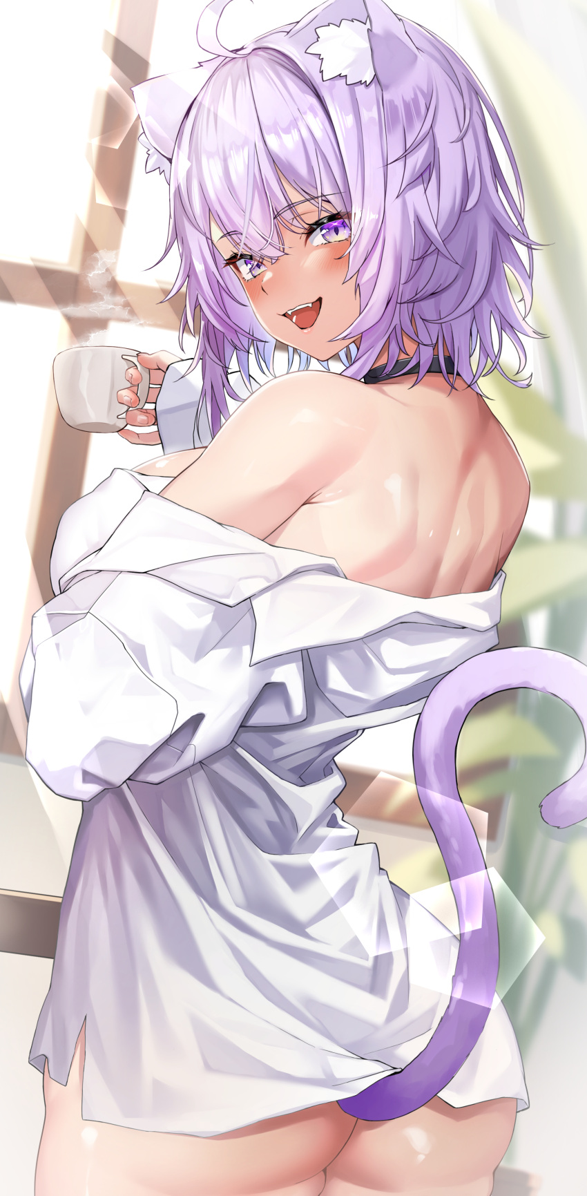 1girl absurdres ahoge animal_collar animal_ear_fluff animal_ears ass back bare_shoulders black_collar blush breasts cat_ears cat_girl cat_tail cleavage collar from_behind hair_between_eyes highres hololive large_breasts looking_back naked_shirt nekomata_okayu nekomata_okayu_(4th_costume) official_alternate_costume open_mouth purple_eyes purple_hair raag_jp shirt short_hair solo tail virtual_youtuber white_shirt