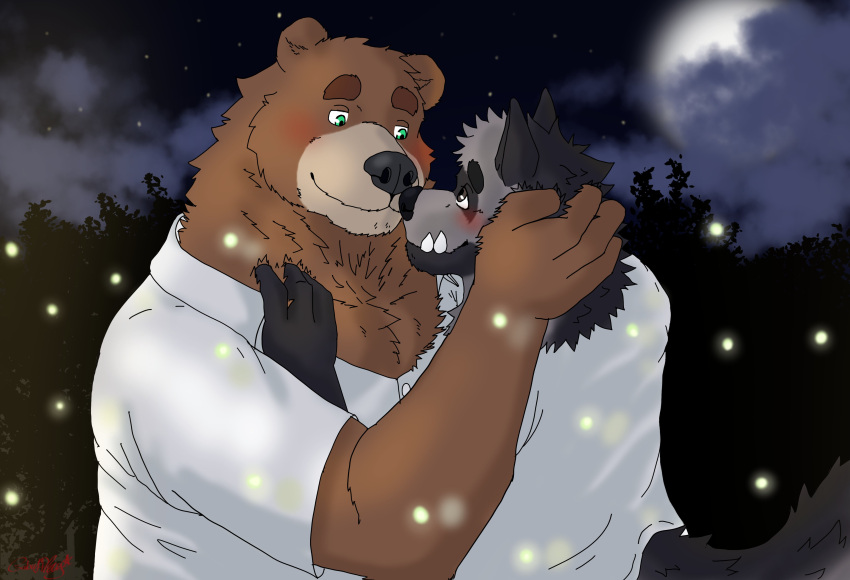 2023 absurd_res anthro bear black_nose brown_bear brown_body brown_fur clothing cloud dave_(password) dean_(password) duo embrace fur gabu4play green_eyes hi_res hug humanoid_hands hyena male mammal moon night outside password_(visual_novel) plant shirt striped_hyena topwear tree ursine